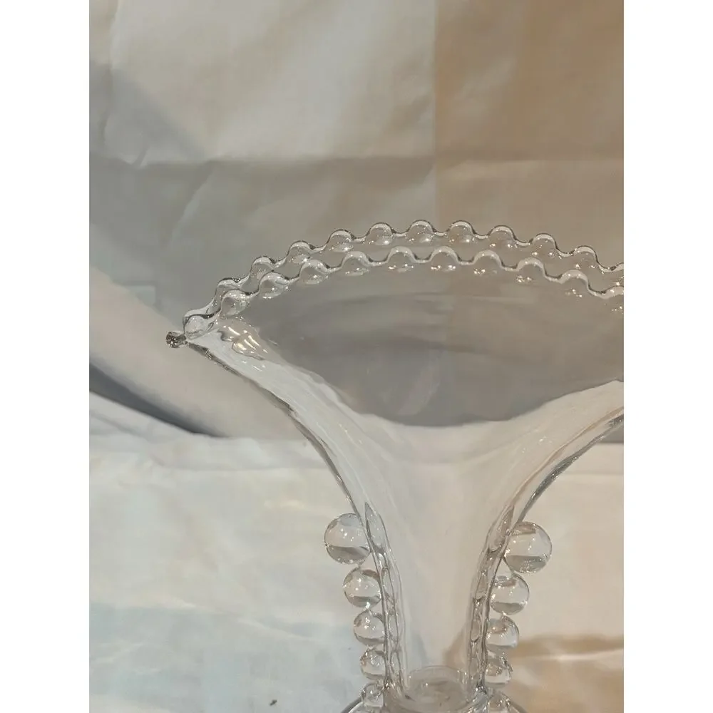 Imperial Glass Candlewick Clear Fan Vase 8.5” Beaded Rim Bubble Handles Vintage
